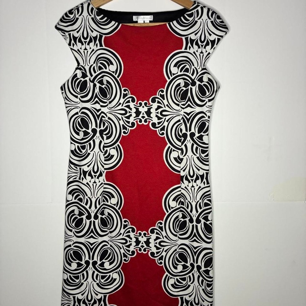 Red, black and white mini dress with black and white ornate floral pattern